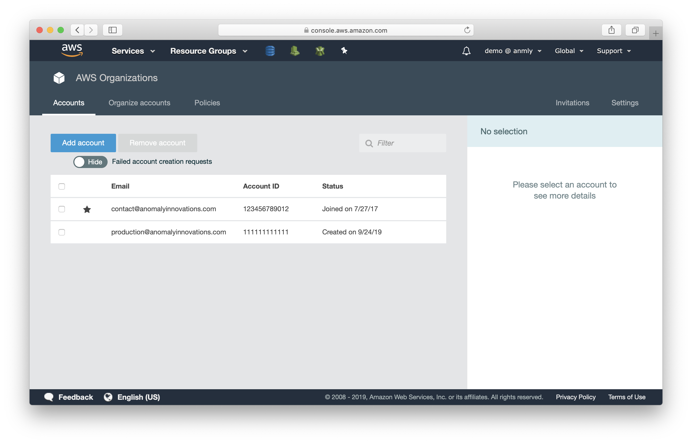 Production account created in AWS Organizations