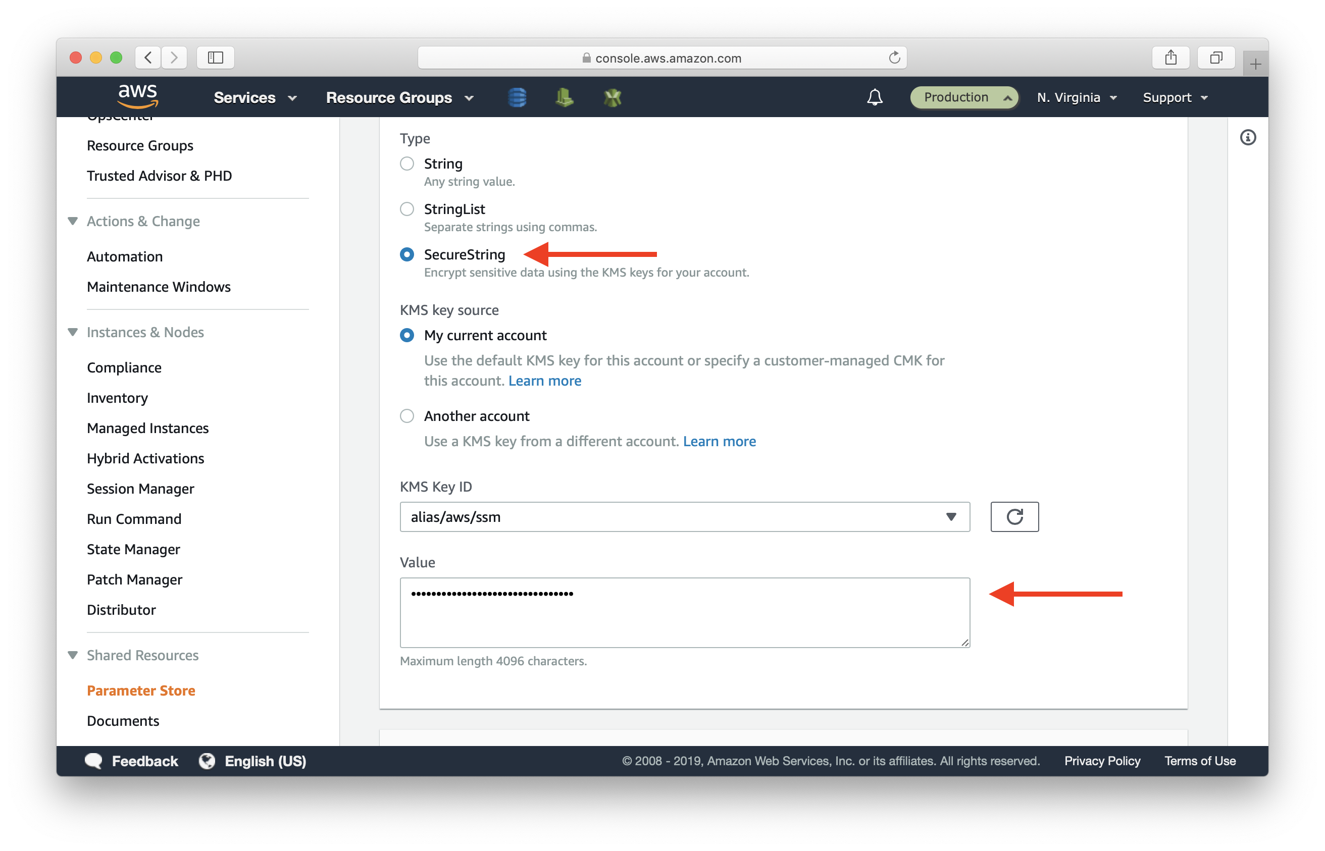 Select SecureString parameter type