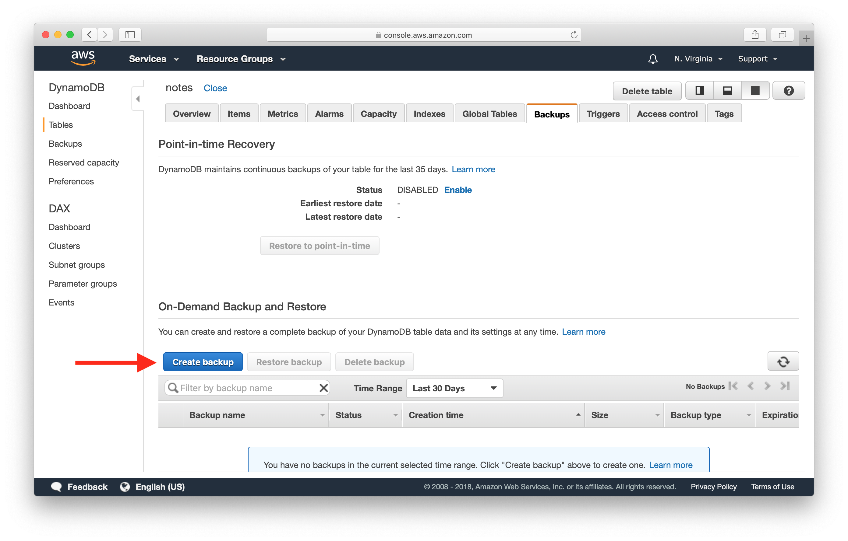 Create DynamoDB table backup screenshot