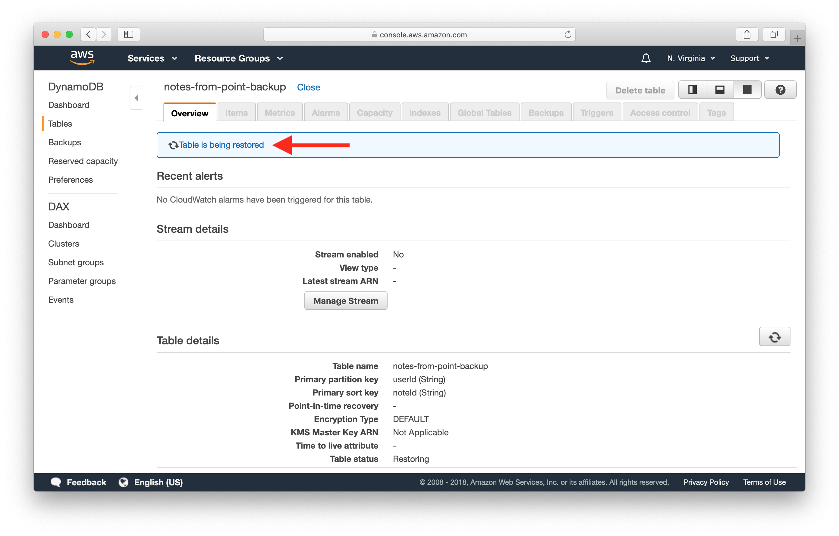 New restored DynamoDB table Point-in-time screenshot