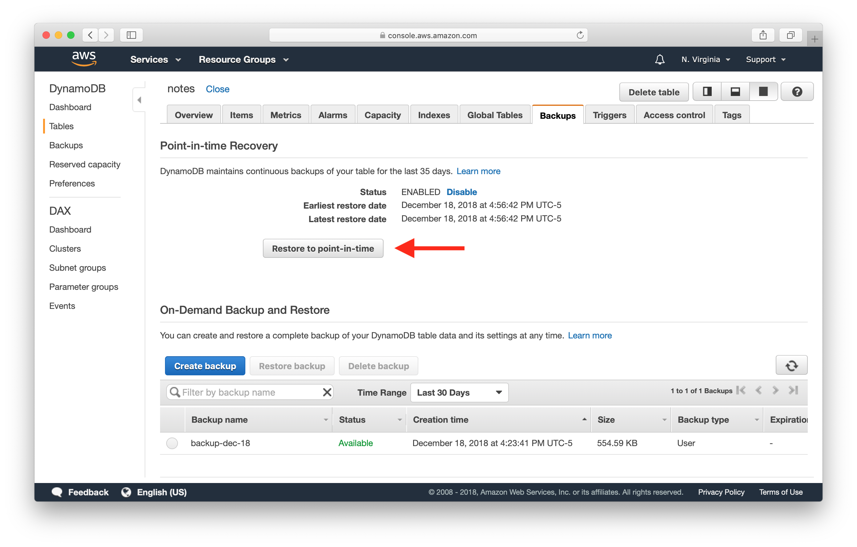 Restore DynamoDB to Point-in-time screenshot