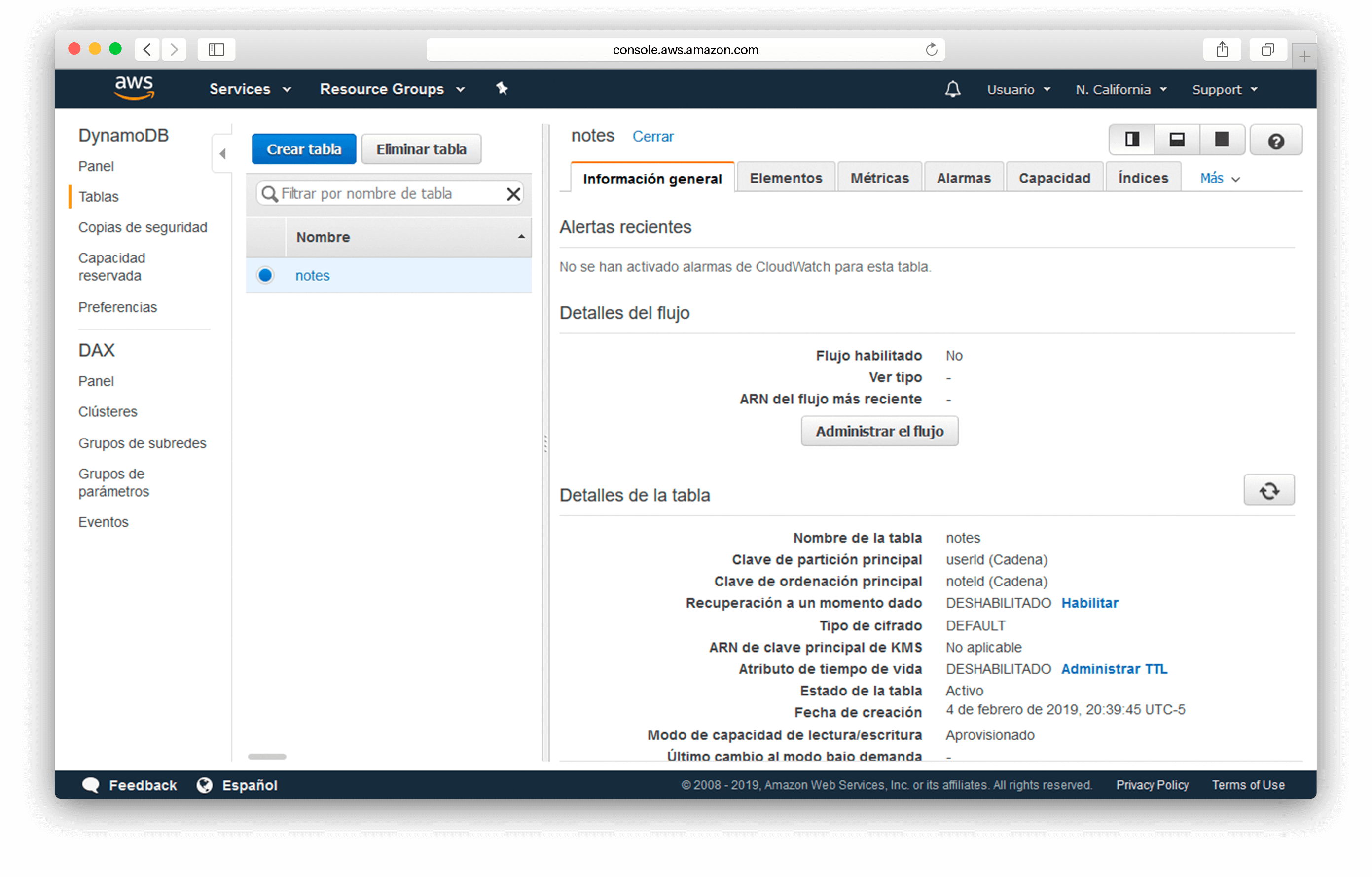 Captura de pantalla de tabla de DynamoDB creada