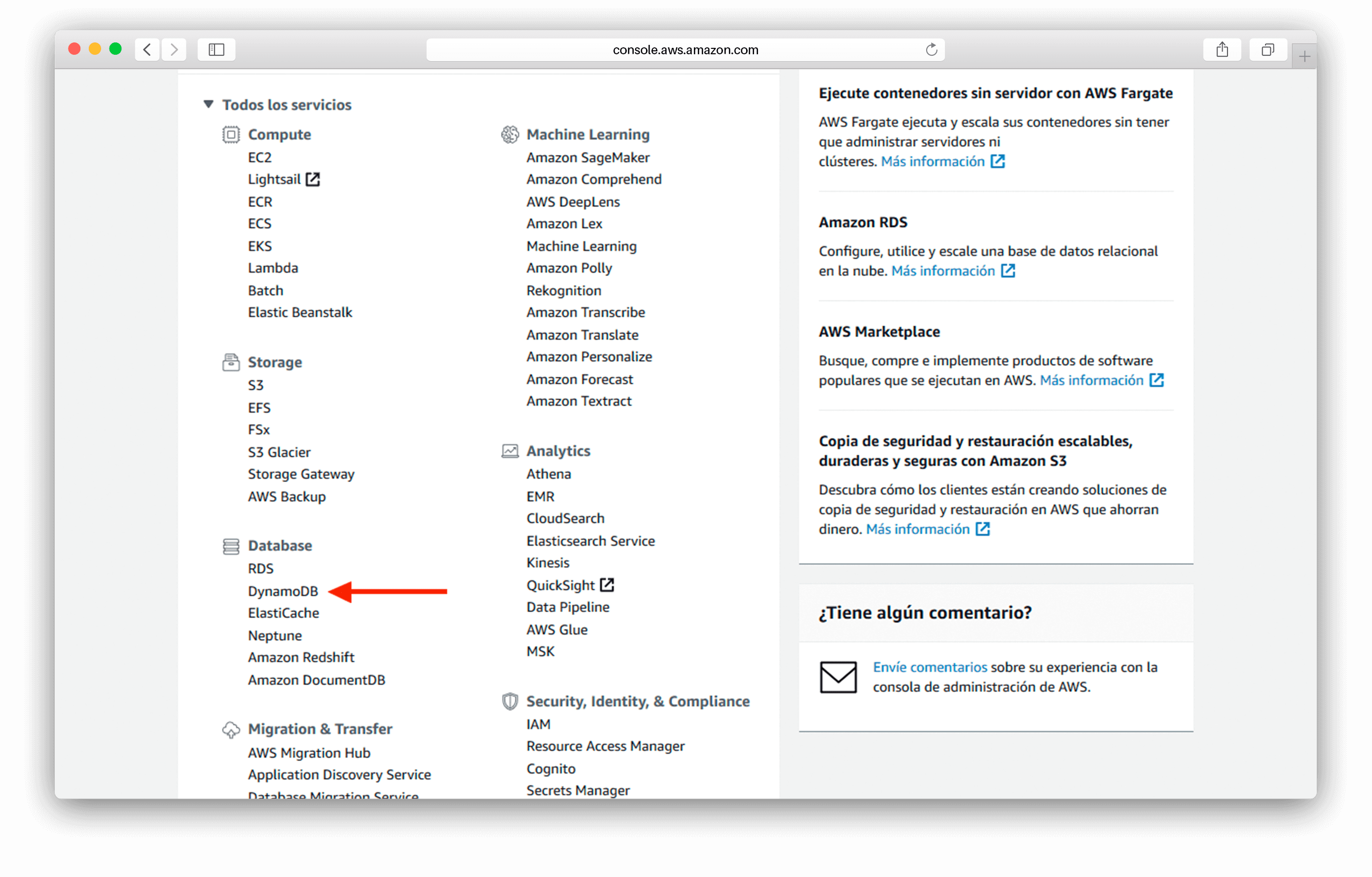 Captura de seleccionar servicio DynamoDB