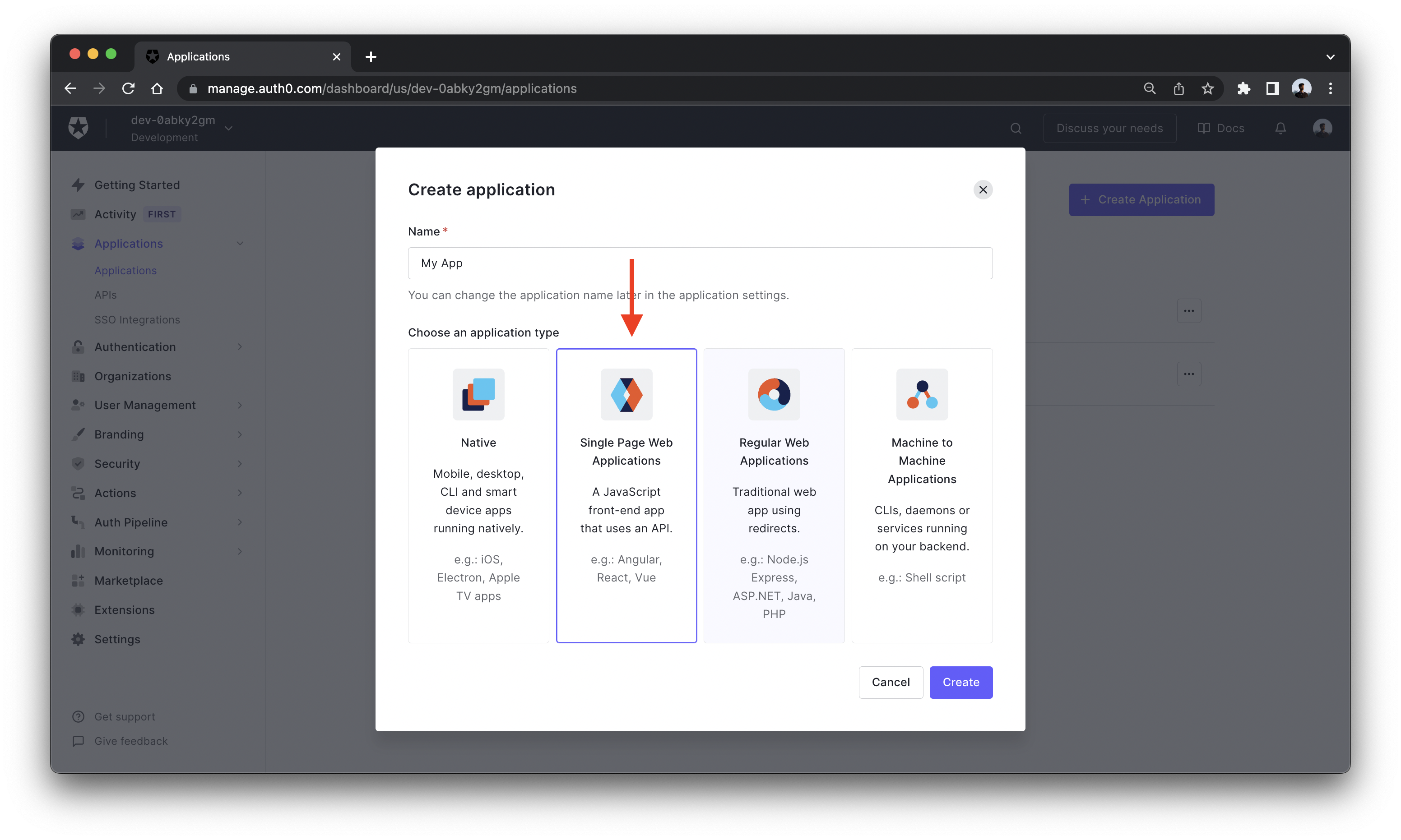 Auth0 choose single page application