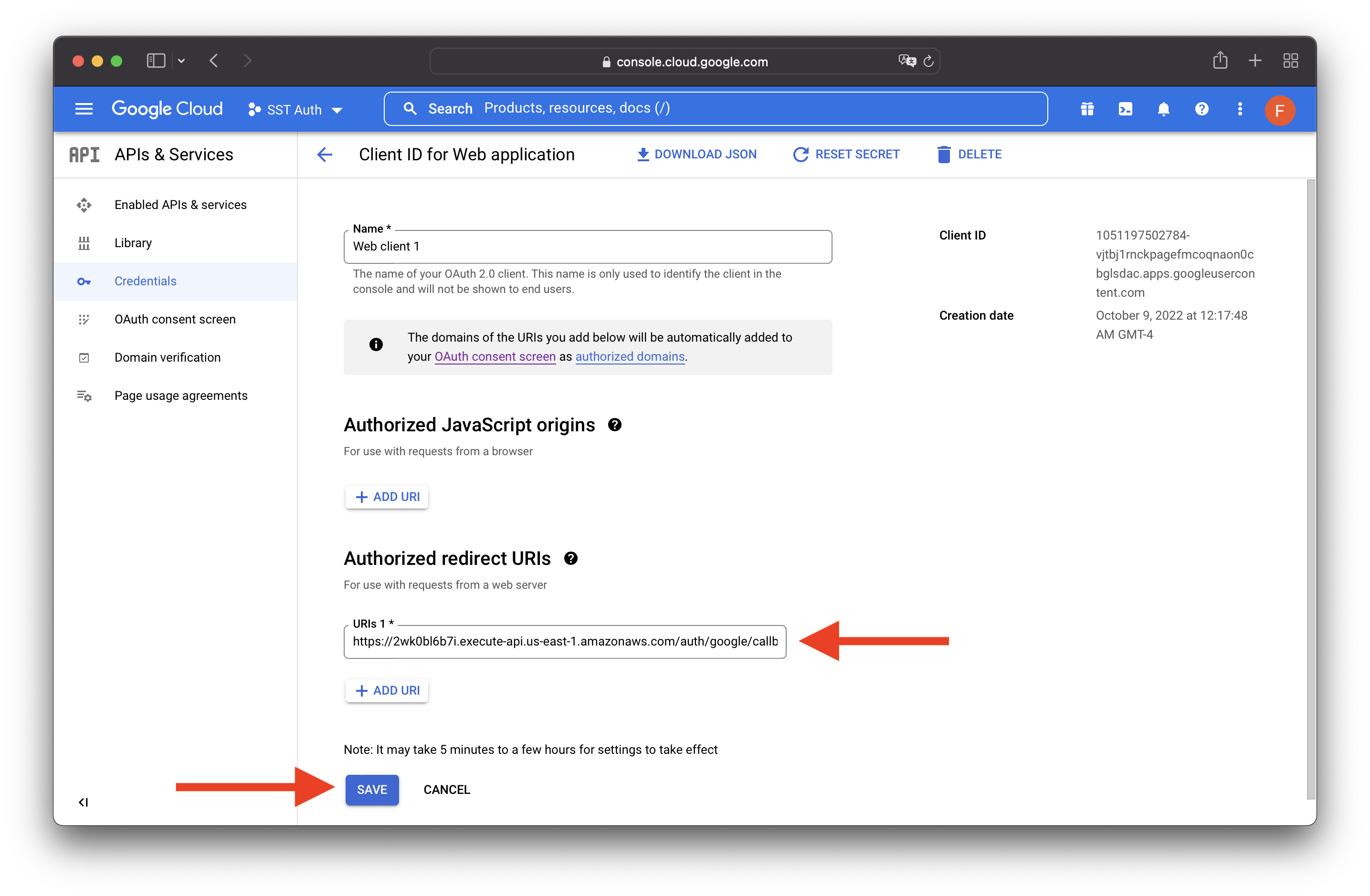 GCP Console Authorize Redirect URI