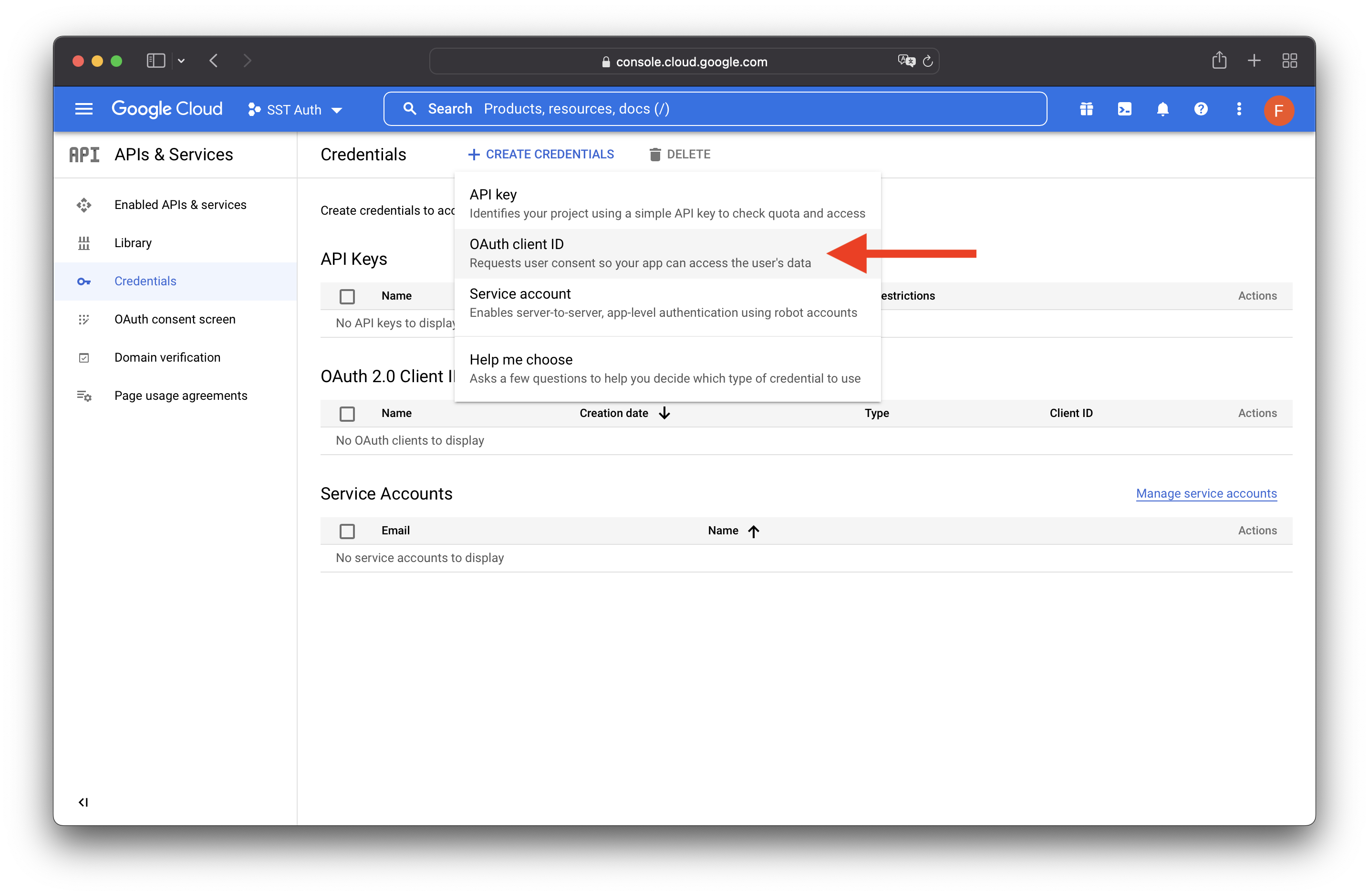 GCP Console Create Credentials