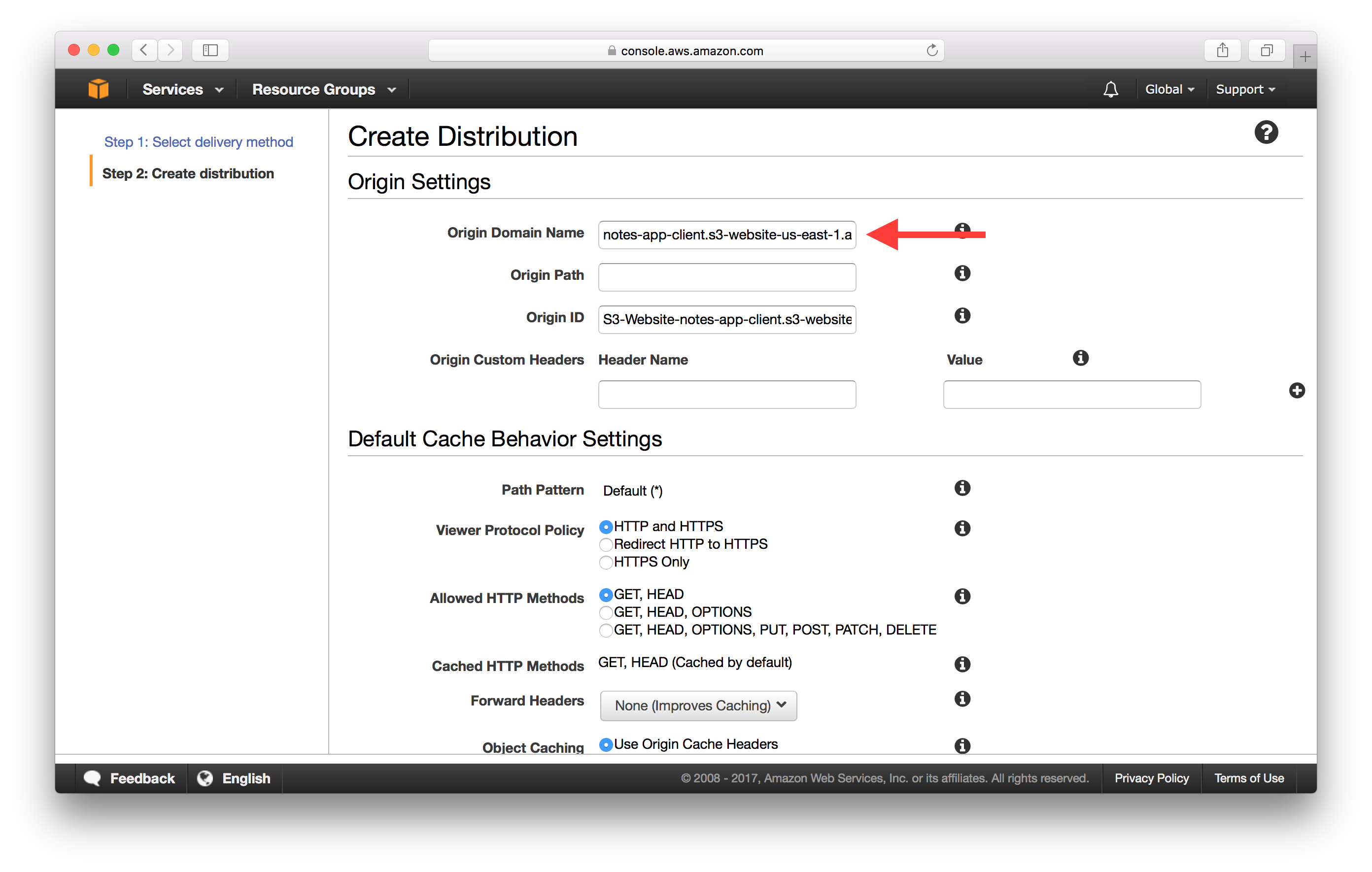 Fill origin domain name field screenshot