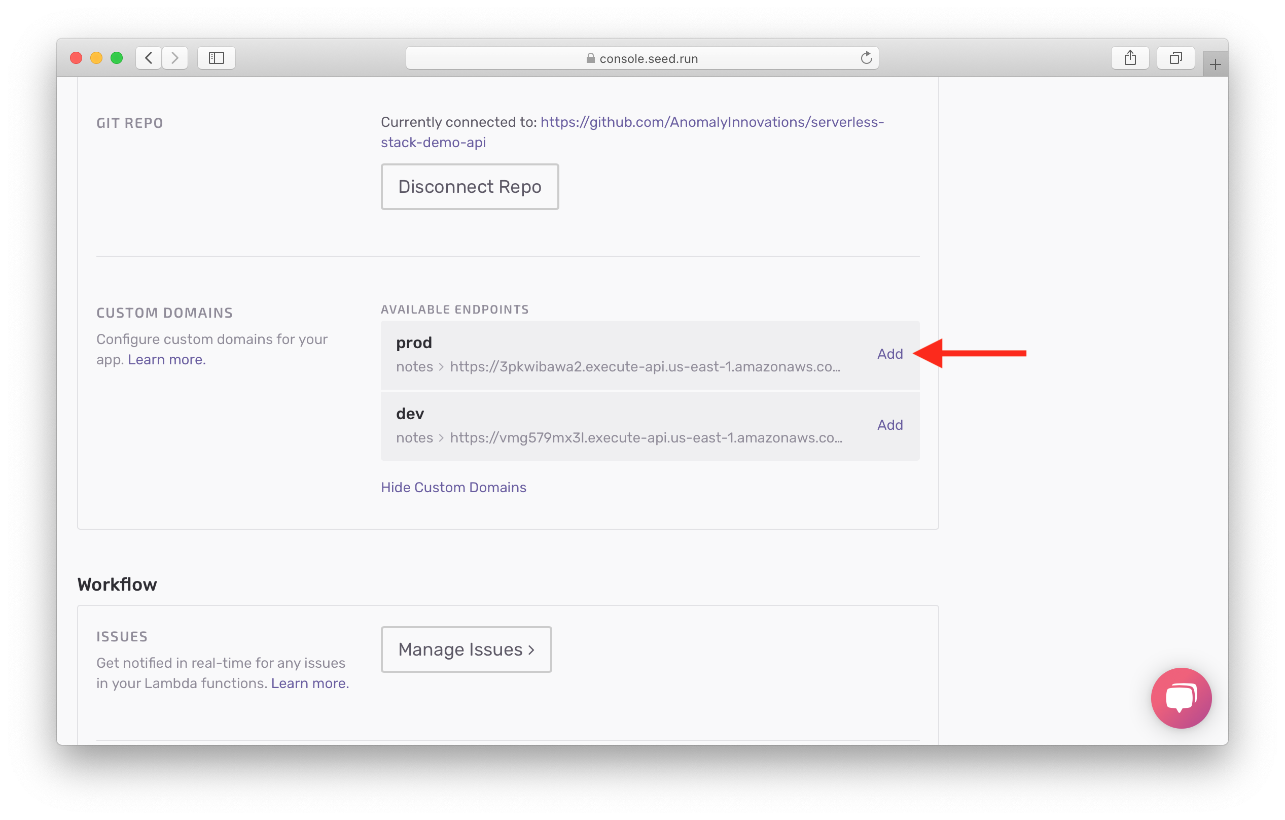 Click Add for production endpoint in custom domain settings