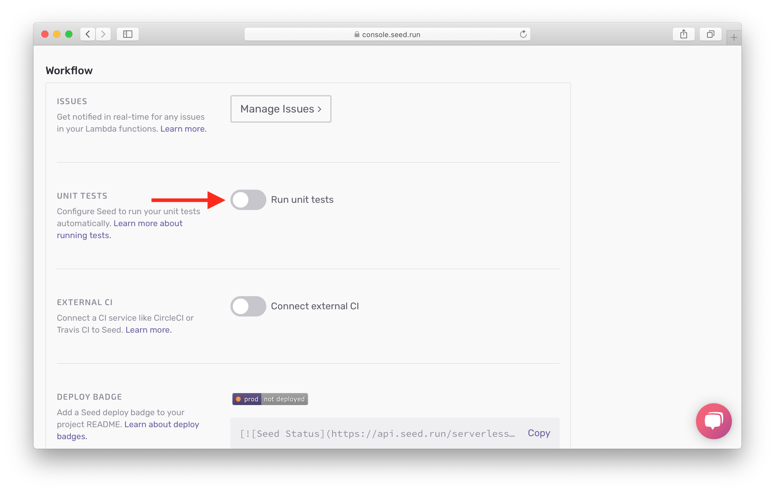 Click Enable Unit Tests in Seed